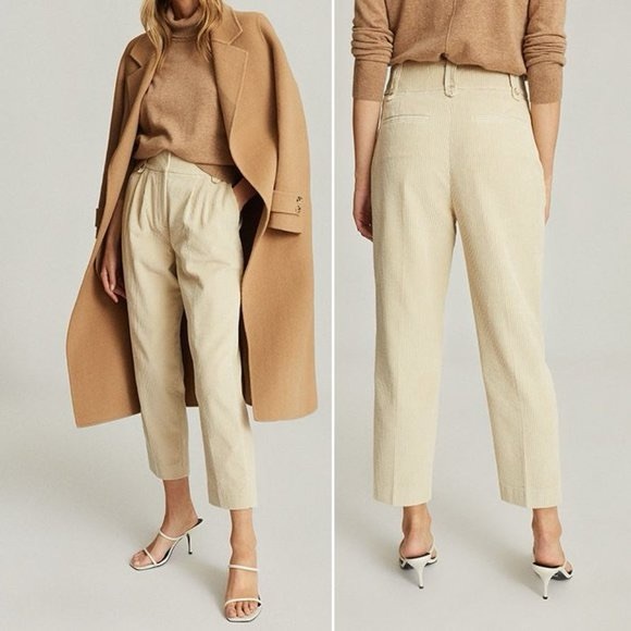 REISS Beige Cream High Waist Corduroy Tailored Pants US 10 UK Ankle Classic NWT - Picture 3 of 7